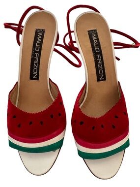 Maud Frizon Red Suede watermelon Lace-Up Heeled Sandals